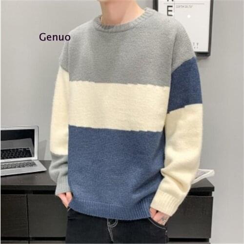 Men Patchwork Casual Sweater 's Autumn Winter Loose Sweaters Pullovers Slim Fit o Neck Collar Tops Male