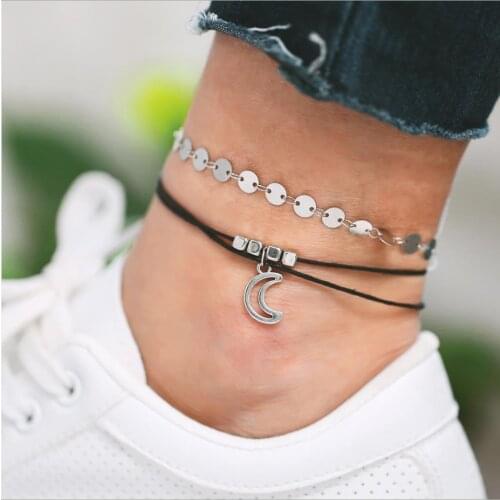 Anklet set black string rope through cube moon pendant coin Chain silver color Plated Women girls foot Gift