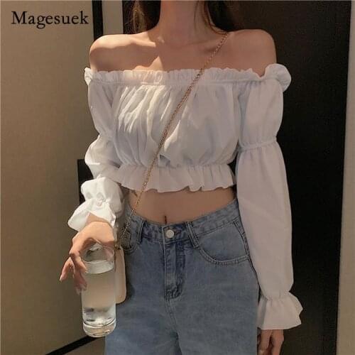 Spring New Blouse One-word Shoulder Chiffon Solid Cotton Top Elegant Casual Tops for Women Slim White Black Shirt Female 14315