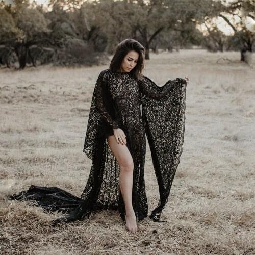 New Black Lace Maternity Dresses For Photo Shoot Sexy Fancy Pregnancy Dress Photography Prop Split Side Pregnant Women Maxi Gown