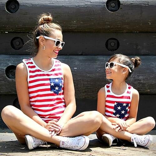 Matching Mother Daughter T-shirt Stars Stripes Mommy and Me Outfits Sleeveless Family Clothes Top Girls Summer Tee Sisiter Shirt