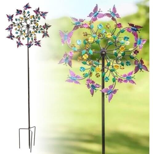 Windmill Decoration Large Metal Wind Spinner Flowers and Butterflies 67 inch Large Garden Wind Sculpture Ornaments for Outdoor