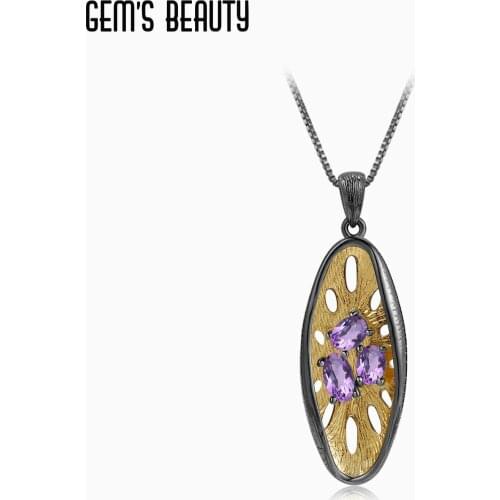 GEMS BEAUTY 925 Sterling Silver 18K Gold Filled Necklace For Women Unique Three-Stone With Natural Amethyst Round Hive Necklace