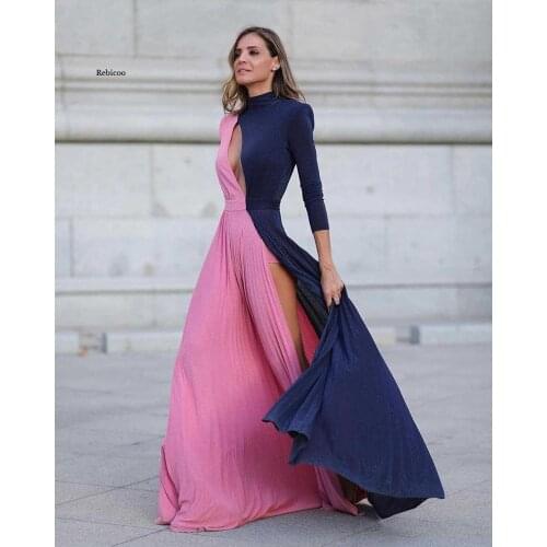 Women Dress Hollow Out Split Sexy Dress Color Stitching Maxi Dresses Temperament Long Sleeve High Waist Ball Gown