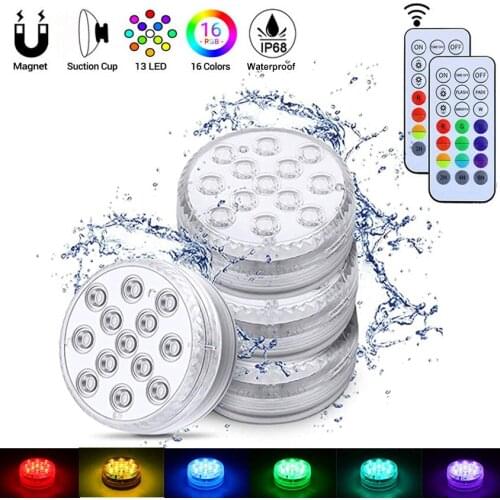 4PCS/Pack 16 RGB Submersible Lights Magnet Suction Cup Underwater RF Control LED Swim Pool Light for Pond Fountain Vase Fishtank