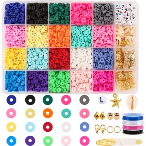 6MM 4280PCS Polymer Clay Spacer Beads Kit Flat Round Clay Beads Kit With Pendant Charms Elastic Strings For DIY Jewelry Making