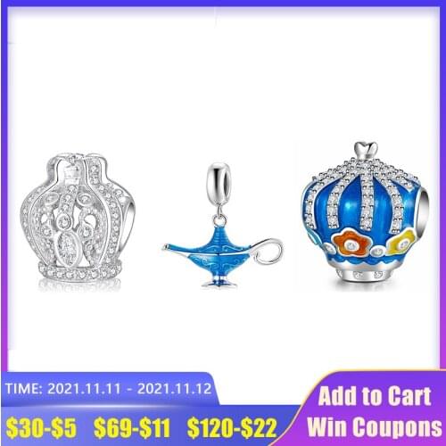 925 Sterling Silver Blue Enamel Flowers Zircon Crown Charms for Bracelet Making fits Original Silver 925 Jewelry Designer Charms