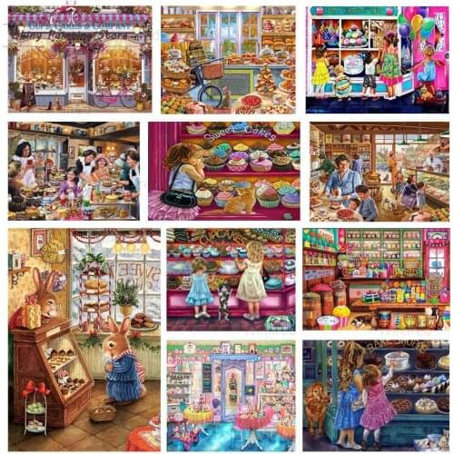 Full Diamond 5D Diamond Painting Cake Shop Cartoon Scenery Diamond Embroidery Kit Mosaic Painting DIY Children Handmade Art Gift