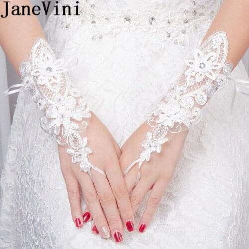 JaneVini Beaded White Wedding Gloves Short Lace Fingerless Bridal Gloves For Bride Lace-Up Flowers Women Weddings Glove Cheap