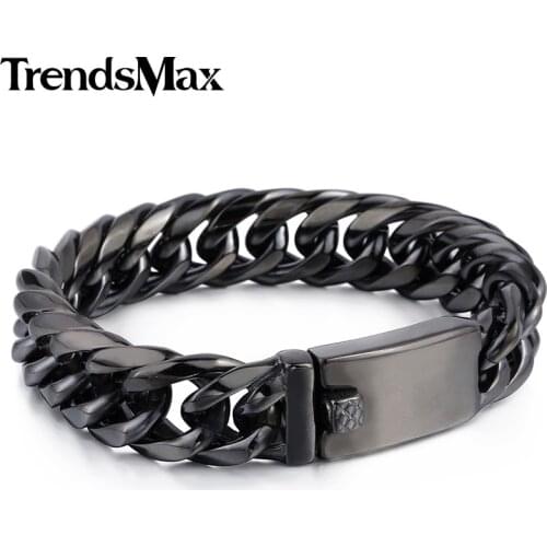 316L Stainless Steel Bracelet for Mens Boys Big Hip Hop Black Rombo Double Curb Chain Black Wristband Male Jewelry Gifts 16mm
