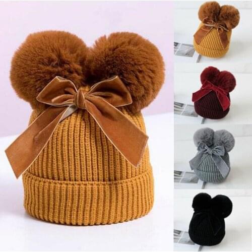 Baby Hat Stuff Double Pompom Winter Knitted Beanie Kids Baby Girl Hat Warm Thicker Children Infant Caps Bonnet