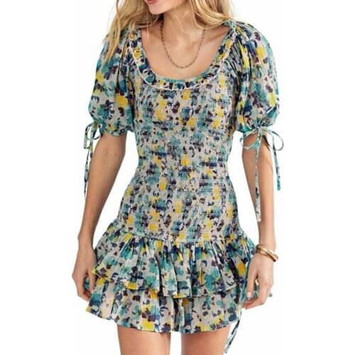 Violet Mini Dresses for Women 2021 Elastic Lantern Sleeve Smocked Bodice Dress O-Neck Ruffle Vestido Floral Elegant Dress Jurk