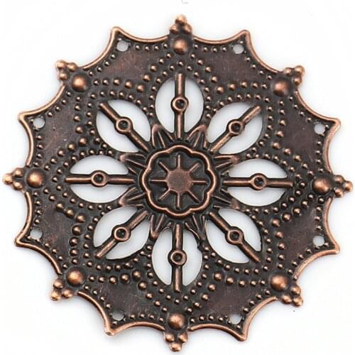 Doreen Box Iron Based Alloy Filigree Stamping Embellishments Round Antique Copper Flower 43mm(1 6/8") x 43mm(1 6/8"), 50 PCs