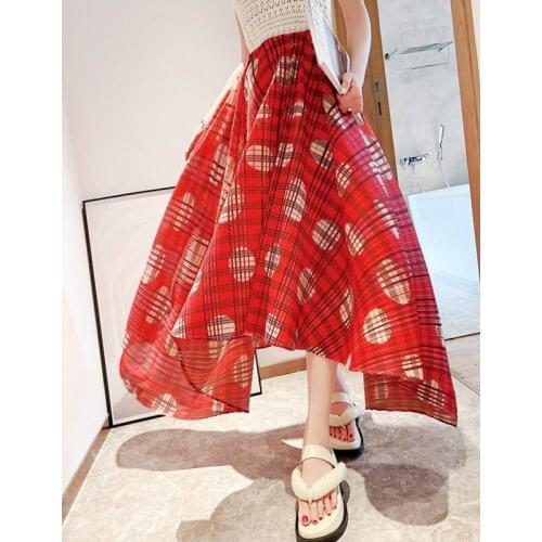 Contrasting color checkered plaid wave dot printing pleated elastic high waist 180 degree irregular semicircle red skirt