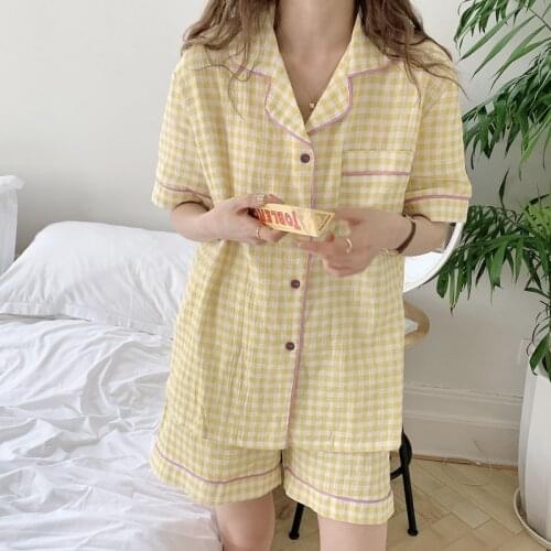 Plaid women sleepwear summer full cotton pajamas set single breasted blouse tops shirts shorts 2 piece set home suit ins Y693