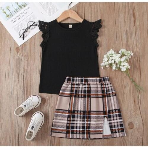Girl’s Skirt Two Pieces Suit Fashion Solid Color Fly Sleeve T-shirt and Plaid Split Short Skirt