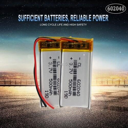 2pc 500mAH 3.7V 602040 polymer lithium ion / Li-ion Rechargeable battery For GPS Voice Recorder Backup Power PC Smart Watch