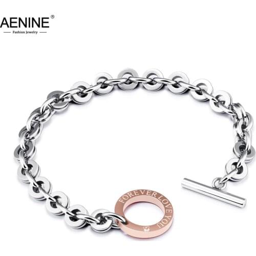 AENINE Trendy Rose Gold Charm Bracelets For Women Inlaid Zirconia Forever Love You Chain & Link Bracelets Toggle Clasp AB17068