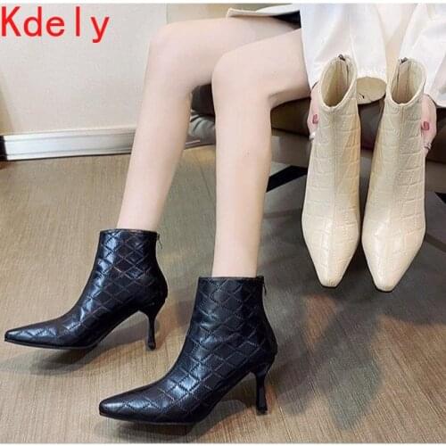 Mstacchi Grid Pattern Solid Color Side Zipper Sexy Pointed Women Ankle Boots For Woman Leisure Mature Madam Shoes Mulheres Botas