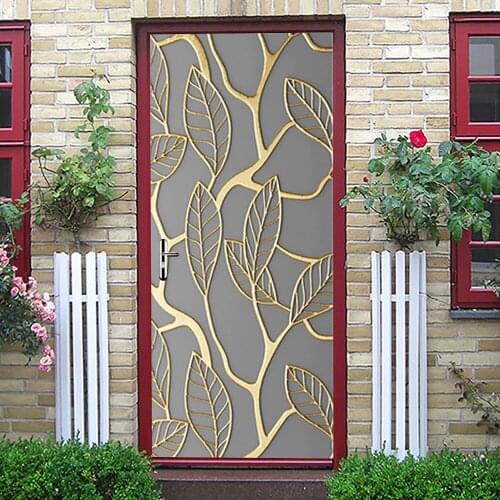 European Golden Leaves Door Stickers Home Decor Door Wrap Mural Wallpaper Poster Self Adhesive PVC Removable Waterproof Decal