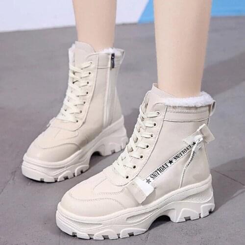 New Women Ankle Snow Boot Leather Fur Wedges Warm Plush Rubber Platform Lace Up Sexy Punk Black Ladies Shoes Botas Mujer