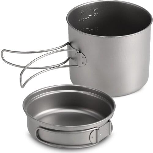 Outdoor 1100ML / 1600 ML Titanium Pot Pan Set Super Lightweight Camping Cookware Set Portable Cooking Tool with Folding Handle