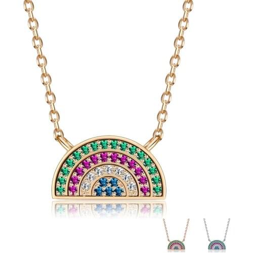 SILVERHOO 925 Sterling Silver Necklace Rainbow Pendant Cubic Zirconia Necklaces for Women Chains Minimalist Cute Fine Jewelry