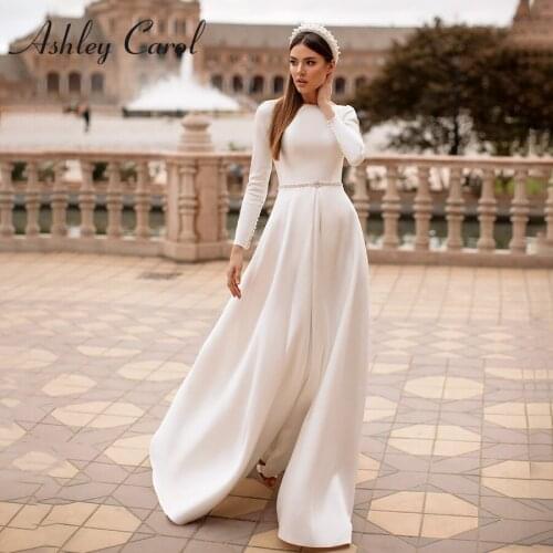 Ashley Carol Long Sleeve Wedding Dress 2021 Elegant Satin Backless Scoop Princess A-Line Bride Dresses Vintage Vestido De Novia