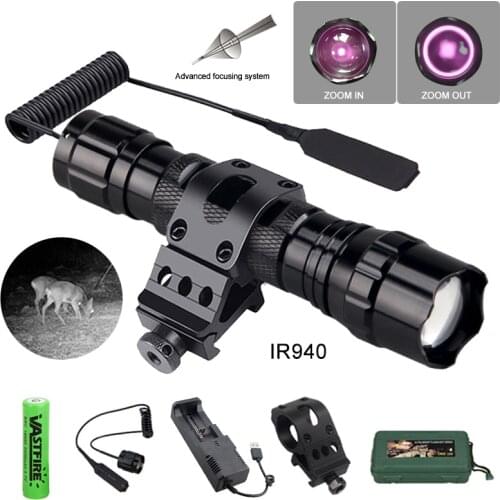LED Infrared Flashlight Zoomable Hunting Torch IR940 nm Adjustable IR light Radiation Night Vision+18650+Charger+Mount+Switch
