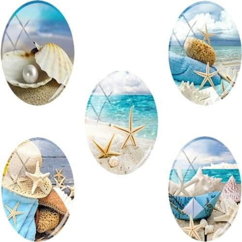 TAFREE Beautiful Beach Starfish Shell Landscape Oval Shaped 18x25 mm Photo 5pcs/lot Glass Cabochon Dome Flat Back Jewelry SS01