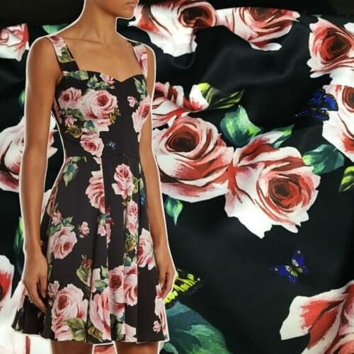 Spring Summer D Brand High-end Black Hand-painted Rose Print Fabric for Dresses Skirts Fabrics by Meter Sewing Material