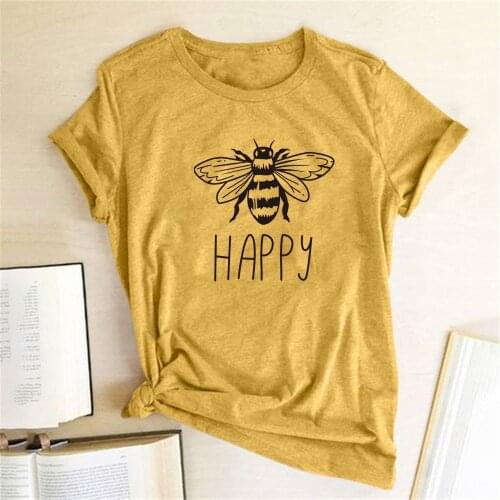 Happy Printed Bee Kind Women T-shirt O-Neck Cotton Short Sleeve Casual Shirts Woman Ladies Summer Graphic Tees Tops Clothes 2020