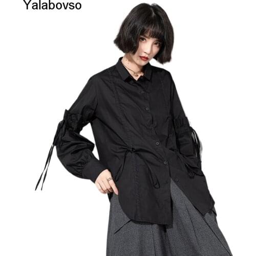 Womens Loose Turn Down Collar Irregular Blouse For Fashion Lady 2021 Spring New Arrivals Solid Color Bandage Shirts Yalabovso