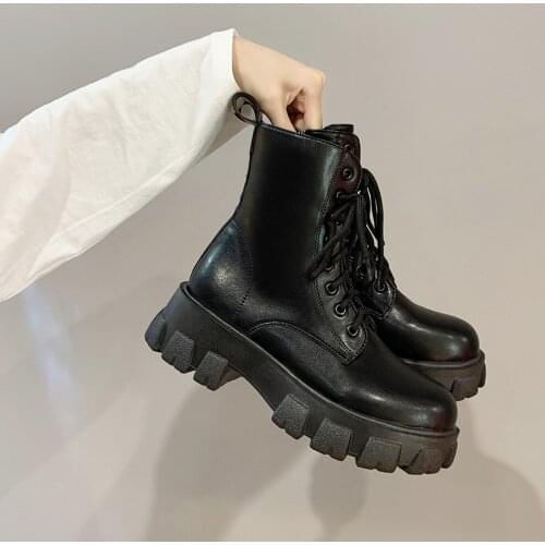 Women PU Leather Boots Platform Shoes 2021 Ankle Boots Punk Goth Women Shoes Thick Bottom Motorcycle Boots Woman Modern Boots