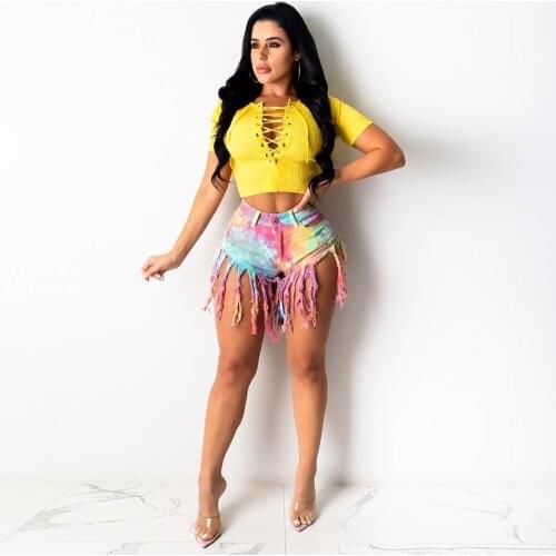 Female Fashion Casual Summer Cool Women Denim Booty Shorts Vintage Tie Dyeing Print High Waist Fur-lined Biker Beach Short Jean