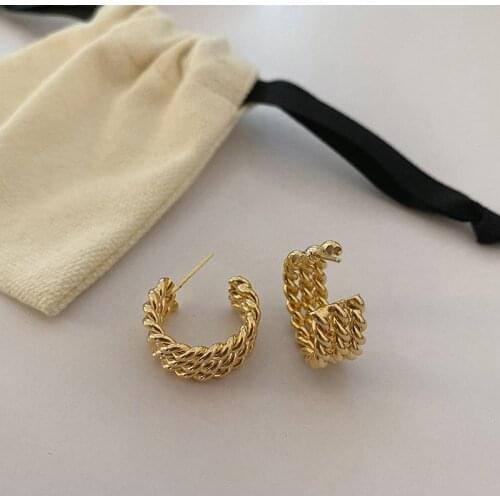 French Minimalist Jewelry for Women Twisted C Shape Hoop Earrings 14k Gold Plated Small Chunky Braid Hoops Party Daily Wearing