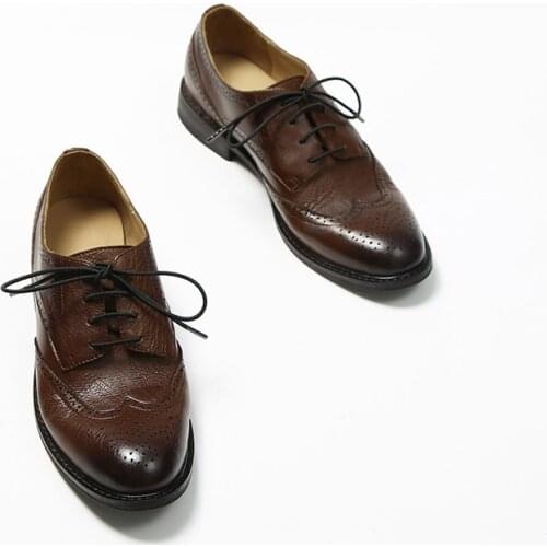 MORDOAN Oxfords Women Calfskin Genuine Leather Lace-Up Ladies Brogue Flat Shoes Derby Shoes Retro Brock Womens Shoes