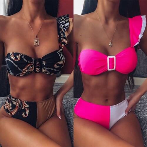 One Shoulder Bandeau Swimsuit Female Ruffle Bathing Suit Retro High Waist Print Patchwork Swimwear For Women Beach Wear L