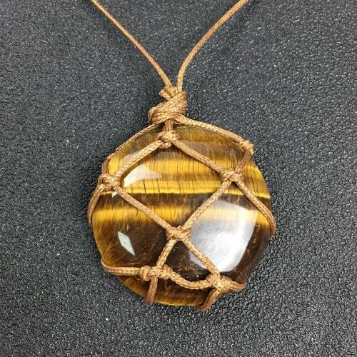 Handcraft Wrap Braided Vintage Reiki Healing Flat Round Mineral Stone Natural Yellow Tiger Eye Pendant Necklaces Femme Collier