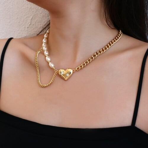 AENSOA Vintage Irregular Natural Pearl Heart Pendant Necklaces for Women 2021 Punk Gold Silver Plated Chokers Necklace Jewelry