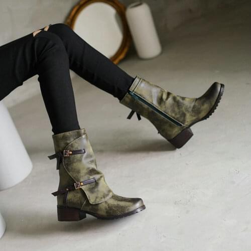 ZawsThia Winter Olive Army Green Womans Shoes Combat Buckle Strap Chunky Low Heels Mid-calf Womens Riding Martin Western Boots