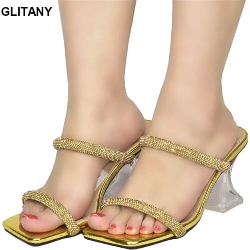 2021 Luxury Brand Rhinestone Female Slippers T-tied Ladies 8.5cm High Heel Shoes Beach Slide Flip Flops Women Sandals Pumps