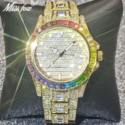 Top MISSFOX Hip Hop Men Watches 18K Gold Rainbow Diamond Fashion Male Quartz Iced Out Bling Waterproof Luminous Jewelry Clocks