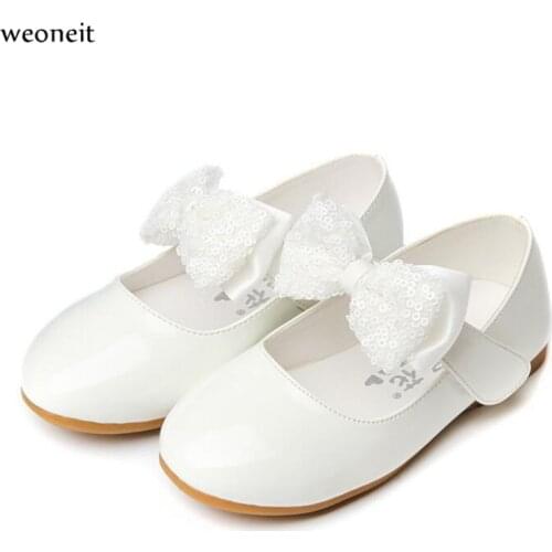 Weoneit Spring Autumn Baby Girls Shoes for Children Princess Sequin Butterfly Leather Kids Party Wedding Shoes Black White Red