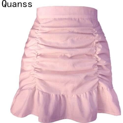 Quanss 2021 Summer Folds Ruffles White Pink Sexy Bodycon Mini Skirt Women Streetwear Casual Club Zipper High Waist Short Skirts