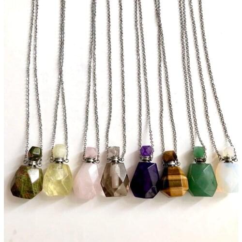 Perfume Bottle Natural Gems Stone Pendant Necklace Faceted Essential Oil Bottle Charm Jewelry Decoration Girls Women Accessorie