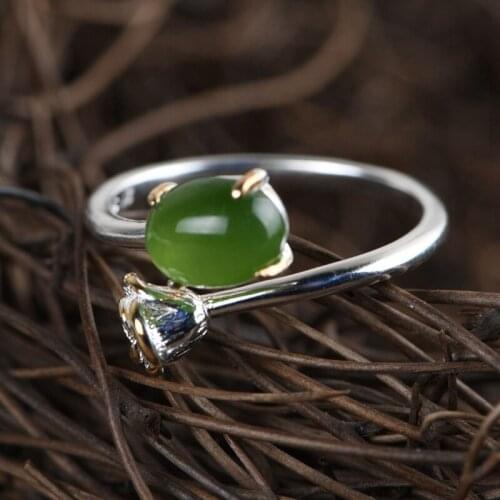 FNJ 925 Silver Rings Hetian Jade Adjustable Size 100% Original S925 Solid Silver Ring for Women Jewelry Fine Flower
