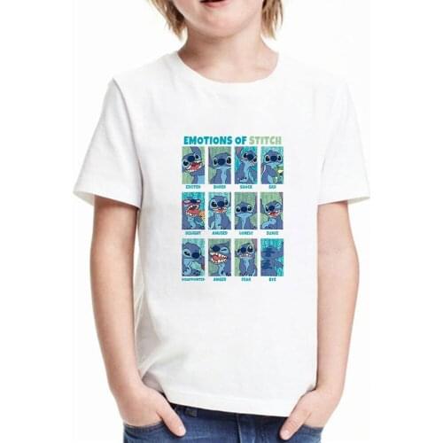 Anime T-Shirt Childrens Short Sleeve Emotions Of Stitch Panels Print Disney T Shirts Kid Boys Girls Tops Tshirt Summer Clothes