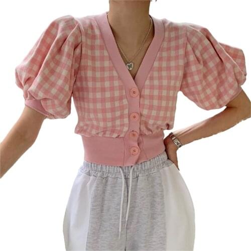 Y2K 2021 Women Traf Plaid Crop Tops Adults Button-down Color Block Puff Sleeve V-neck Cardigan