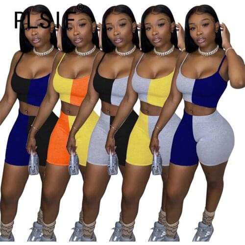 Patchwork Summer 2 Pieces Outfits Streetwear Sporty Two Pieces Slim Matching Set Tracksuits